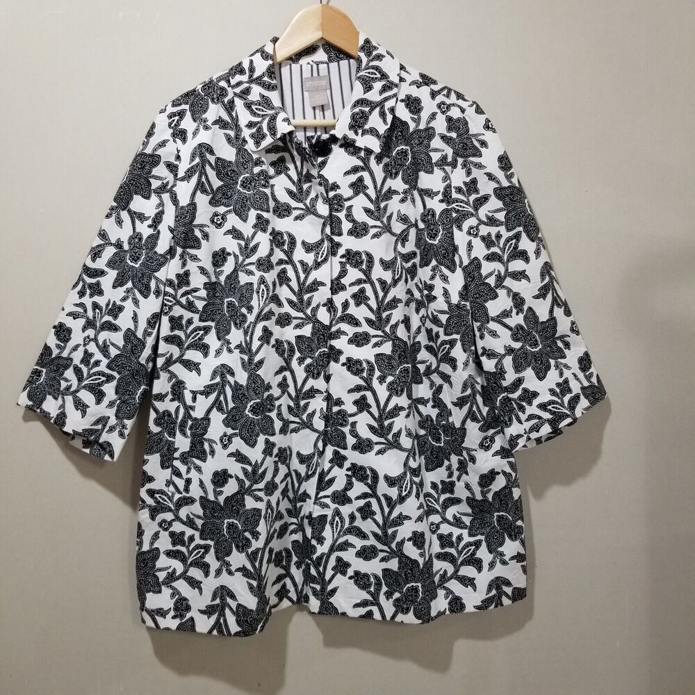 Chico's Jacket Size 3P XL Petite Black & White Embossed Floral 3/4 Sleeve Lined - Picture 12 of 12